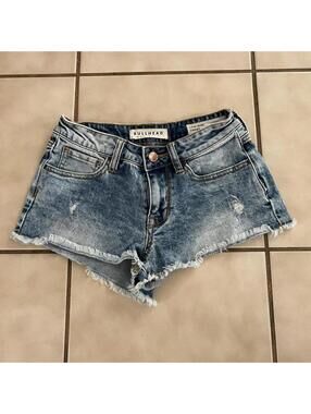 micro mini denim shorts in mid wash
